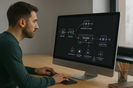 Software developer at a desk working on a computer screen displaying a no-code AI workflow diagram
